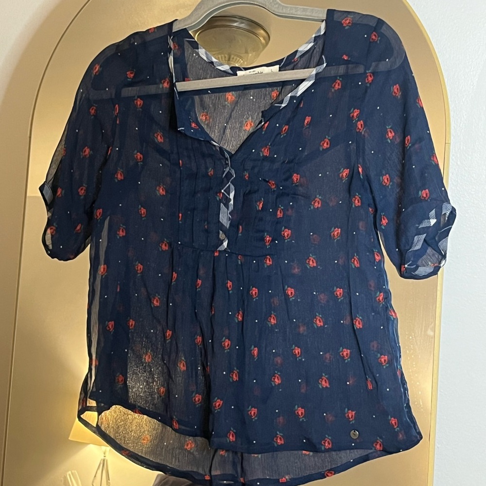 Abercrombie Kids Sheer Navy Blue Peasant Top with Rose Print large